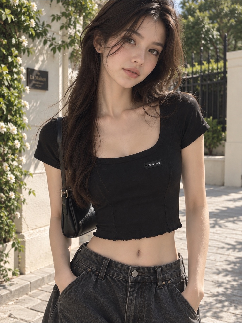 CHERRY AKA Black Square Neck Fitted Crop Top Short Sleeve